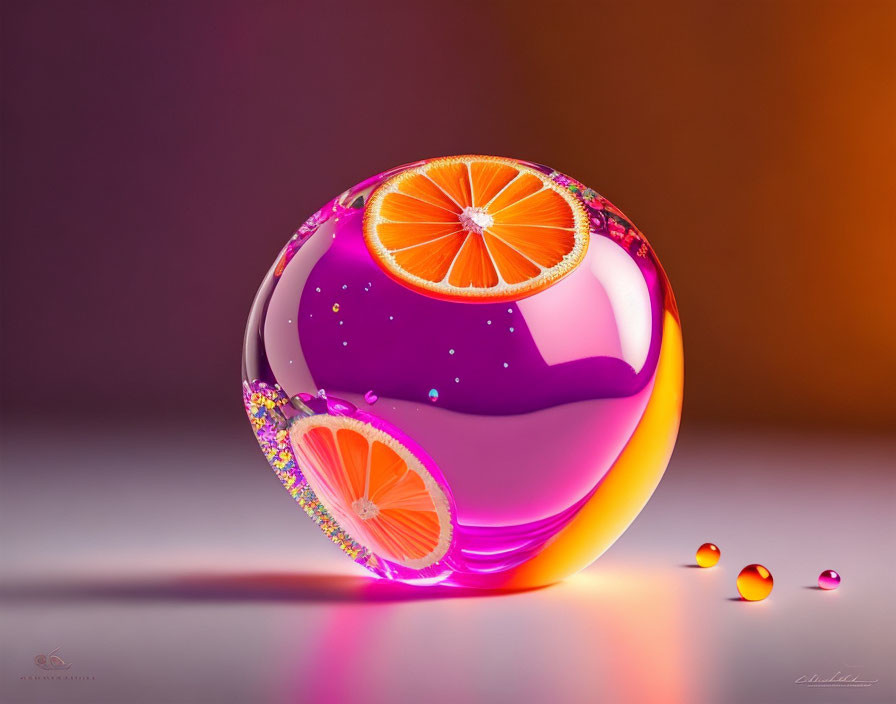 Colorful Glossy Sphere with Orange Slices and Beaded Texture on Gradient Background