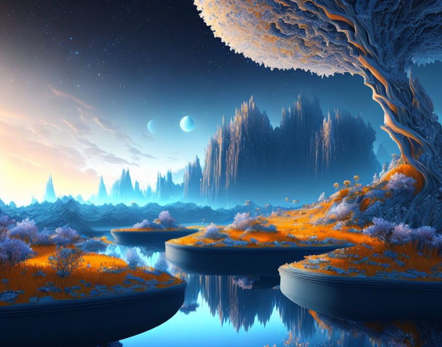 Fantastical landscape with glowing flora, icy cliffs, grand tree, and twin moons