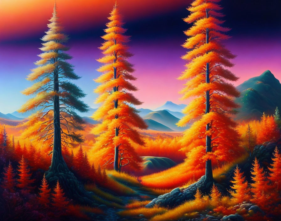 Mystical autumn forest painting with fiery orange foliage