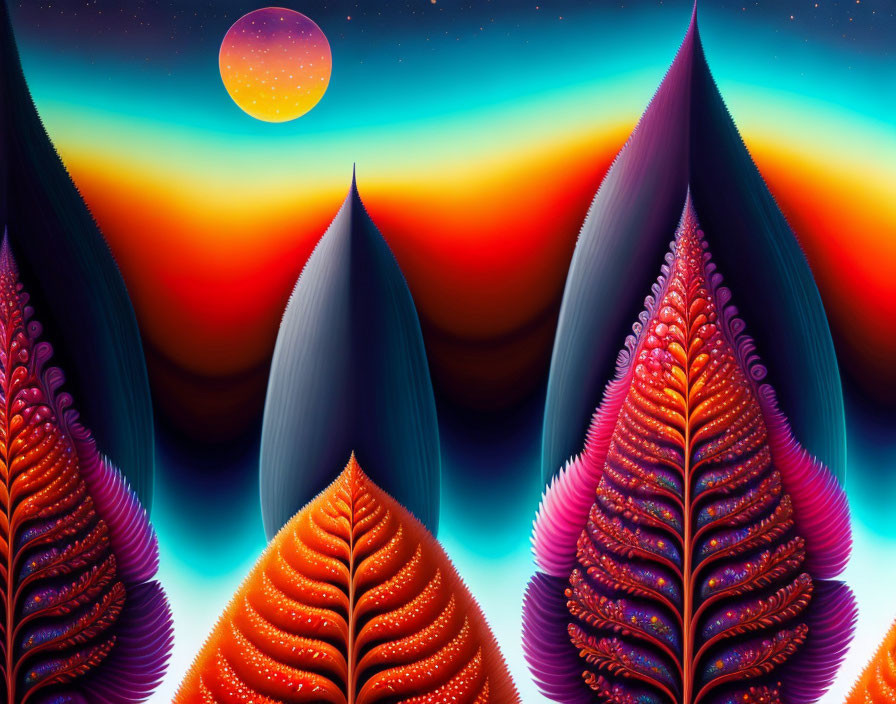 Colorful Stylized Trees & Orange Moon in Digital Art