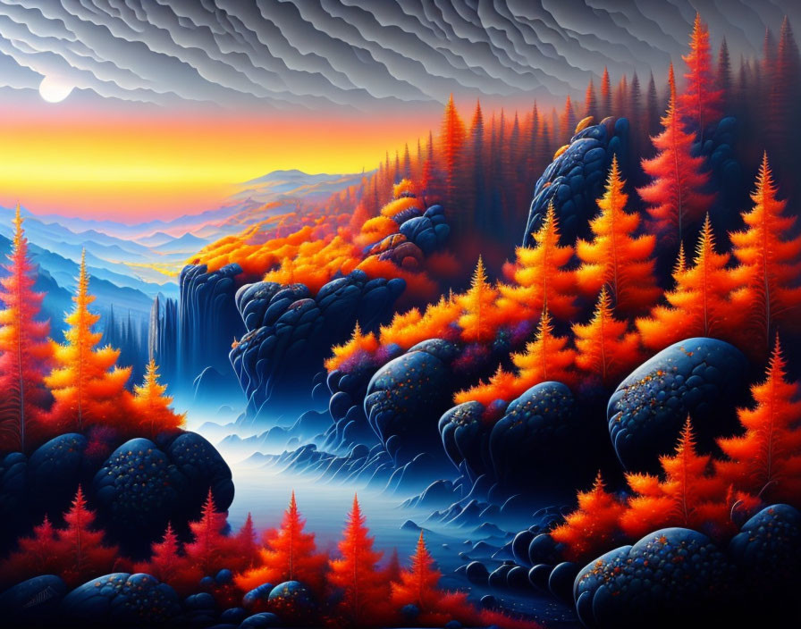 Surrealist landscape with fiery orange trees and waterfalls