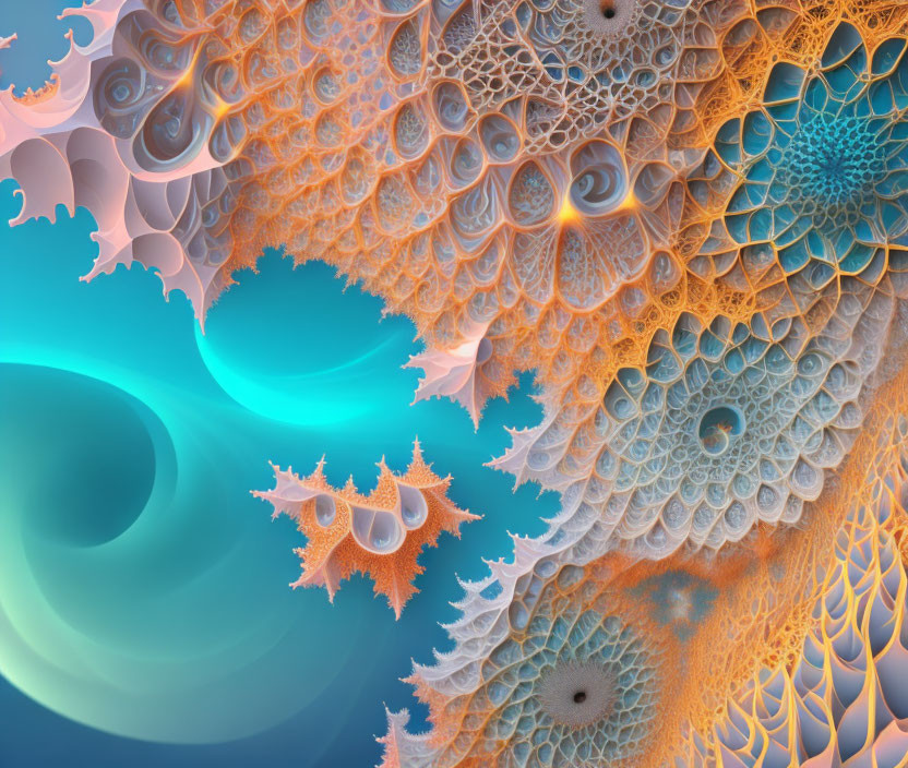 Intricate Blue and Orange Fractal Art with Alien Landscape Vibes