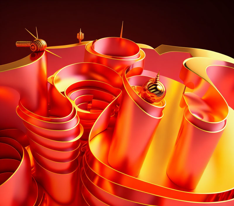 Golden spiral structures on reflective red background: Abstract 3D art