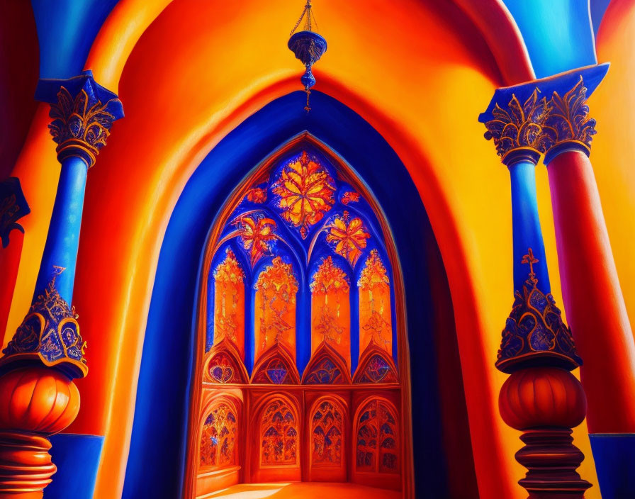 Gothic Church Interior with Pointed Arches and Rose Window in Blue and Red Hues