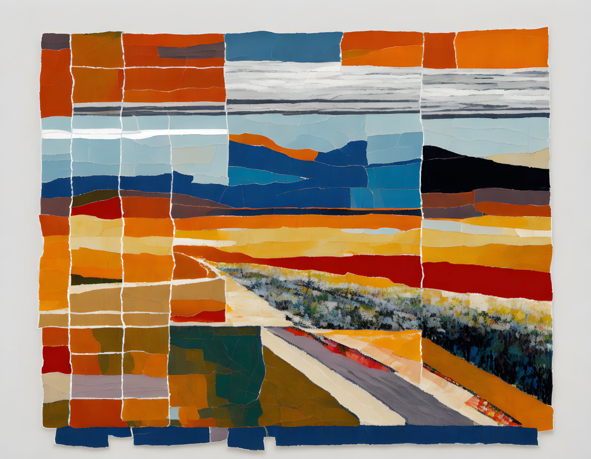 Vibrant abstract textile art: Road to distant mountains in warm earthy tones