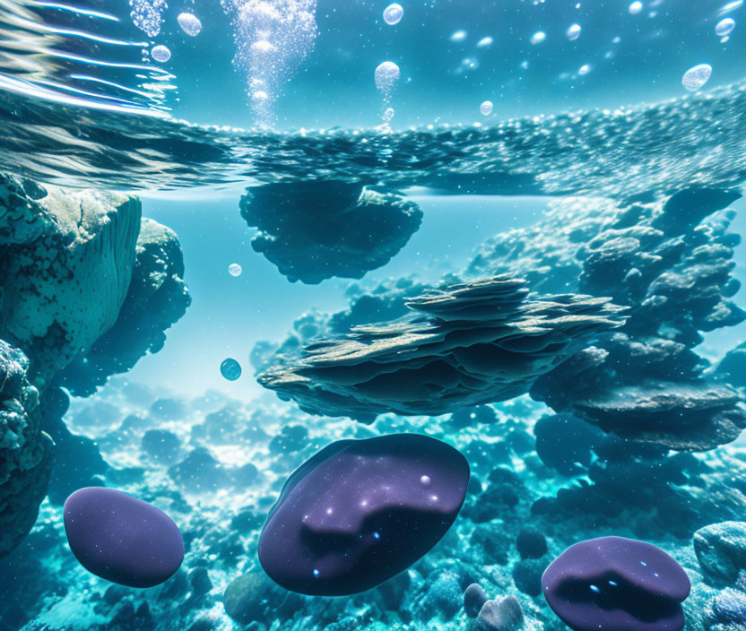 Sunlit Underwater Coral Formations and Bubbles