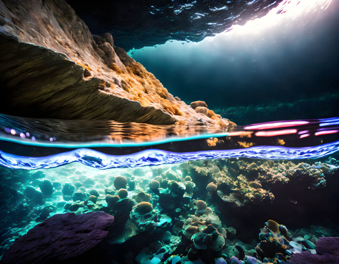 Vibrant coral reef and rocky cliffs under sunlight.