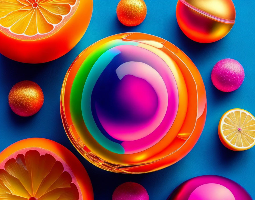 Vibrant Abstract Image: Colorful Spherical Shapes & Citrus Fruits on Blue