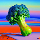 Vibrant surreal painting: giant broccoli with tree-like trunk and sliced orange in multicolored setting