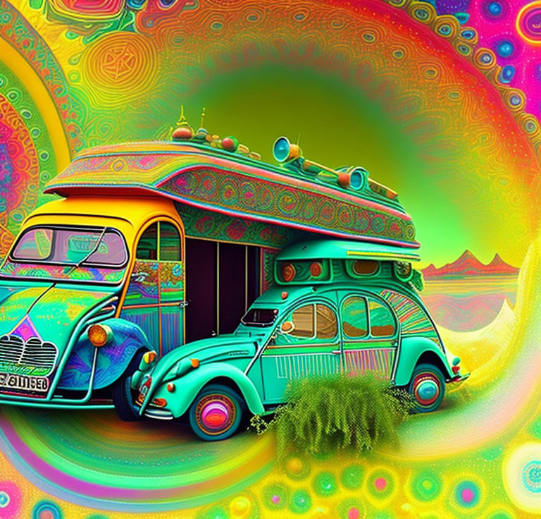 Colorful Psychedelic Classic Car Illustration in Fantastical Landscape