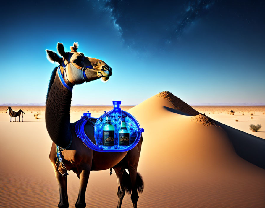 Camels with bottles in desert twilight.