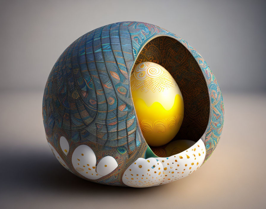 Intricately patterned 3D rendered eggs with glowing yellow interior