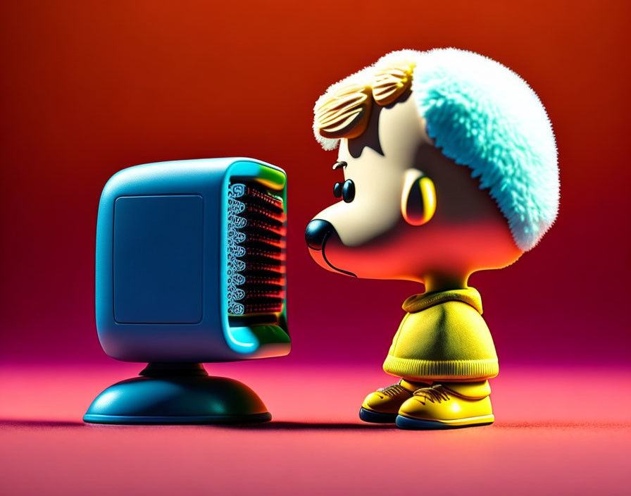 Stylized 3D rendering of a character with a vintage computer on red backdrop