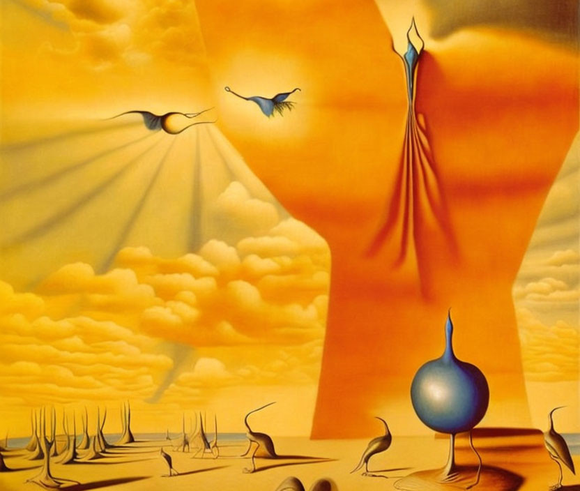 Surrealist desert painting: melting objects, orange sky, elongated shadows