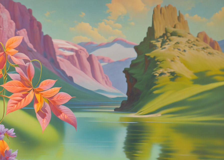 Scenic painting of river in colorful canyon with autumn leaves and distant mountains