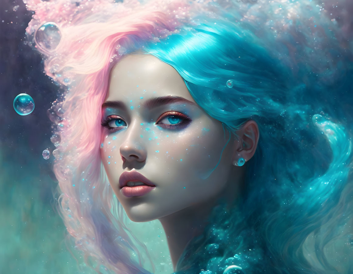 Digital Artwork: Woman with Pink and Blue Hair in Mystical Underwater Scene