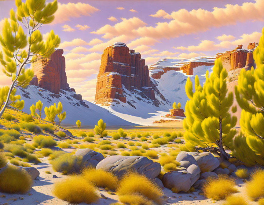 Colorful desert landscape with rocks, snow-capped formations, and leafy plants