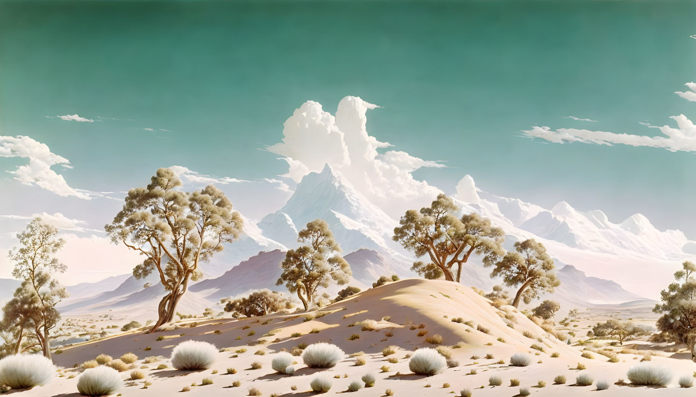 Desert Landscape with Snowy Mountains and Blue Sky