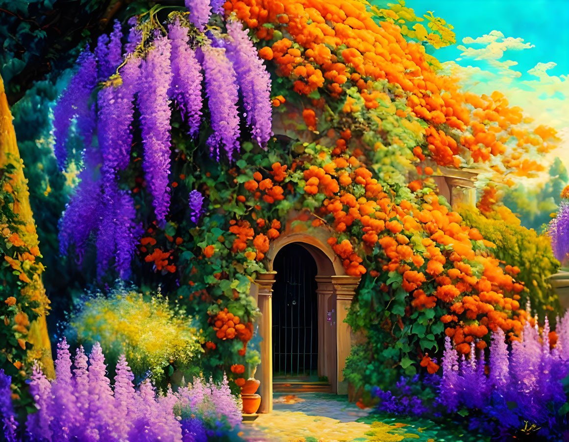 Colorful Garden Archway with Purple and Orange Flowers and Ornate Door