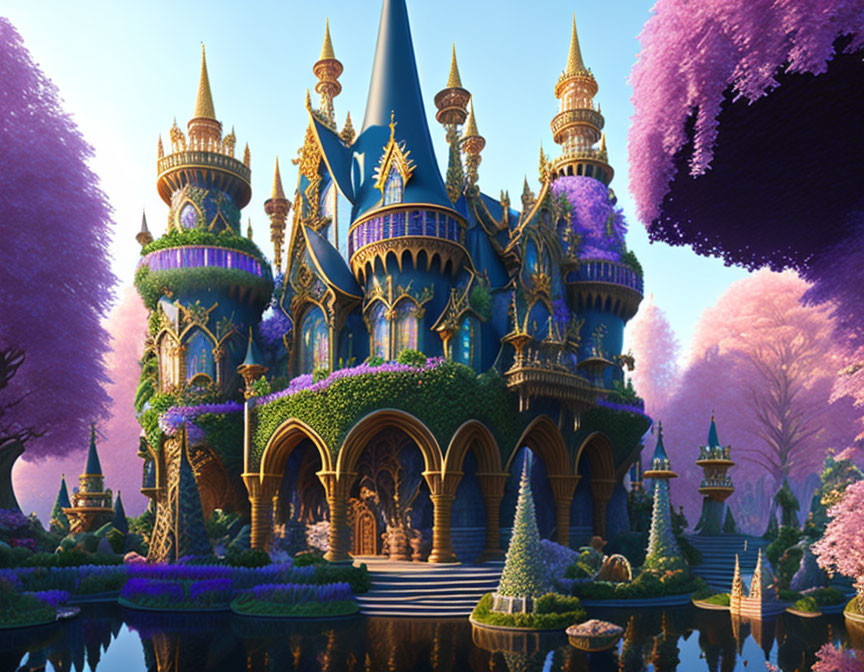 Digital art: Fairy-tale castle, purple trees, gold and blue spires