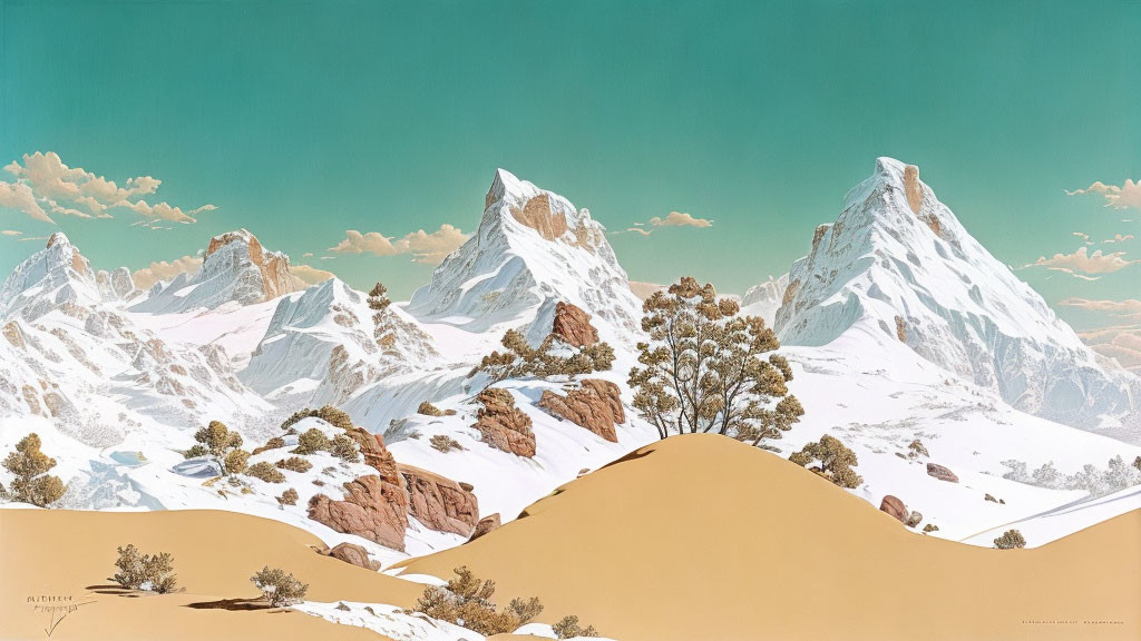 Snow-capped peaks and golden sand dunes in surreal landscape