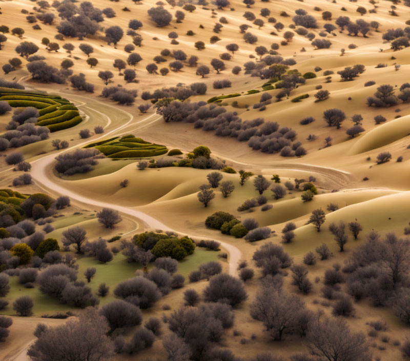 Desert Oasis with Greenery and Shrubs in Golden Light