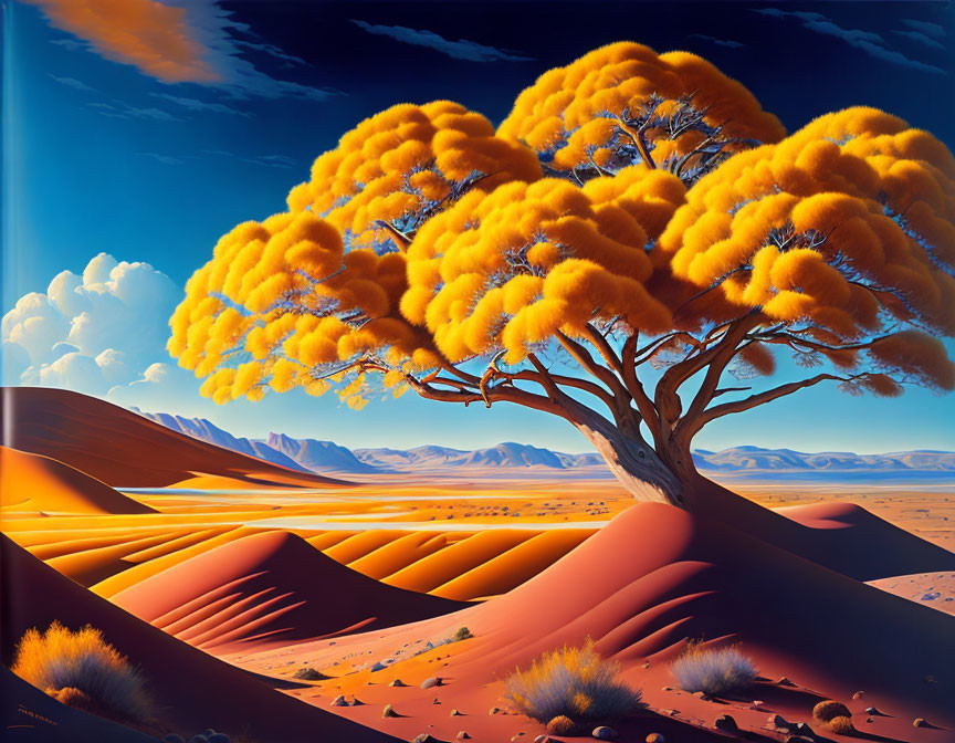 Vibrant surreal landscape with oversized yellow tree in orange desert.