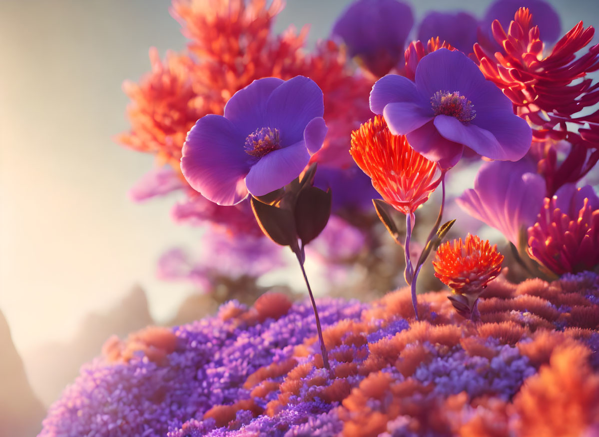 Colorful flowers under setting sun with mountain bokeh