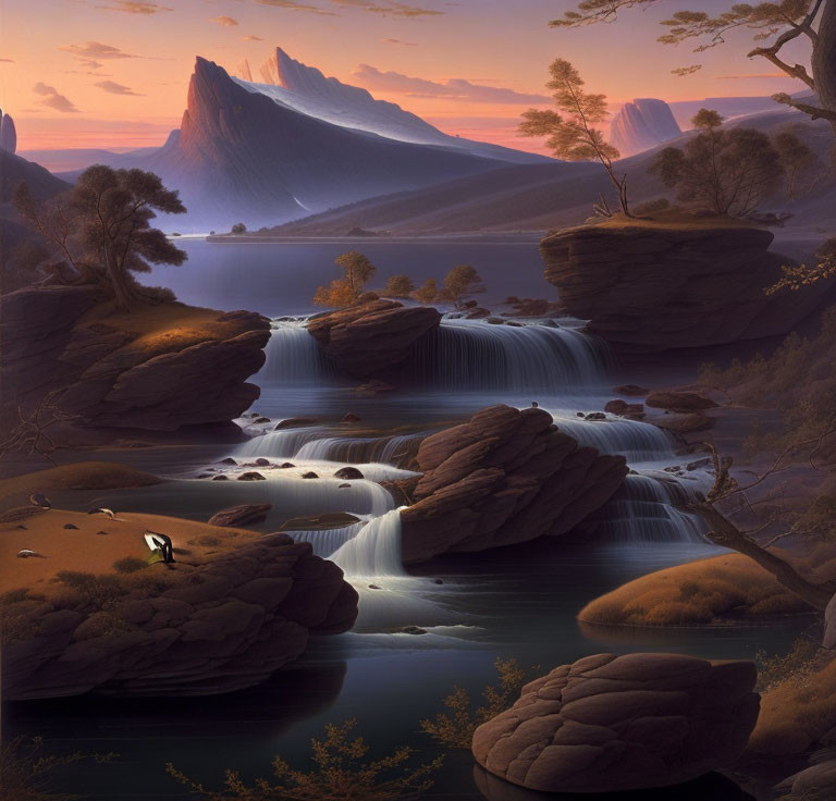 Tranquil sunset landscape with waterfalls, river, rocks, and zebra