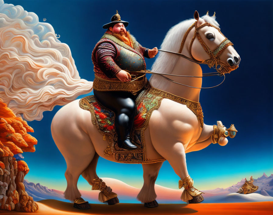 Stylized man in opulent attire riding white horse in surreal landscape