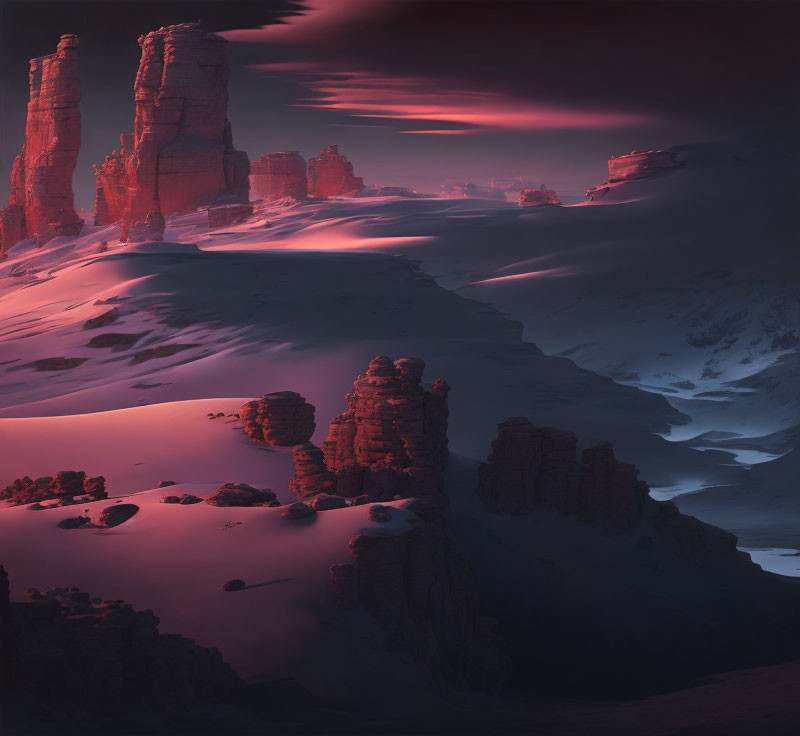 Red-tinted surreal landscape with towering rock formations and dark dunes