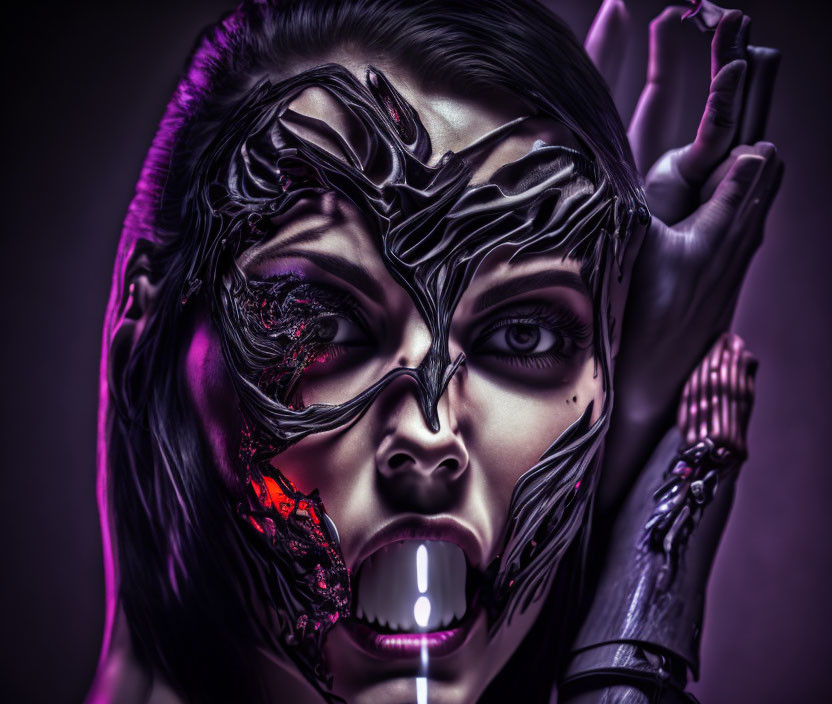 Half-face body art with exposed muscle and bone on purple backdrop