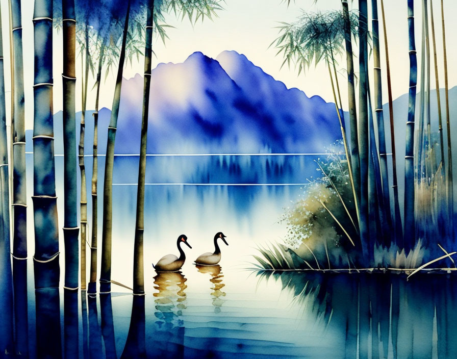 Tranquil watercolor painting of two swans on a lake with bamboo and mountains