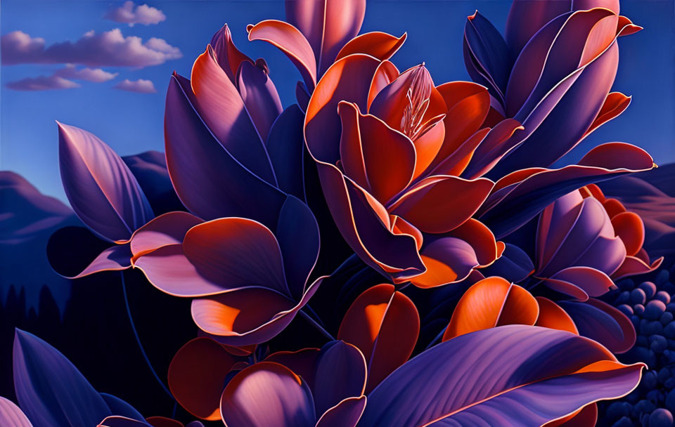 Vibrant Purple and Orange Flowers in Twilight Landscape