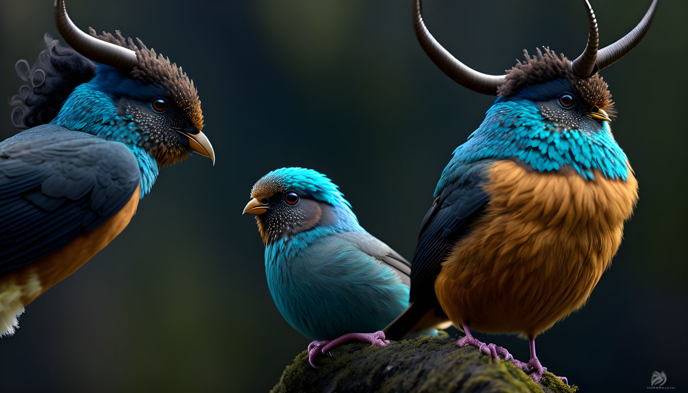 Colorful Birds with Blue Plumage and Antler-Like Head Adornments on Mossy Rock