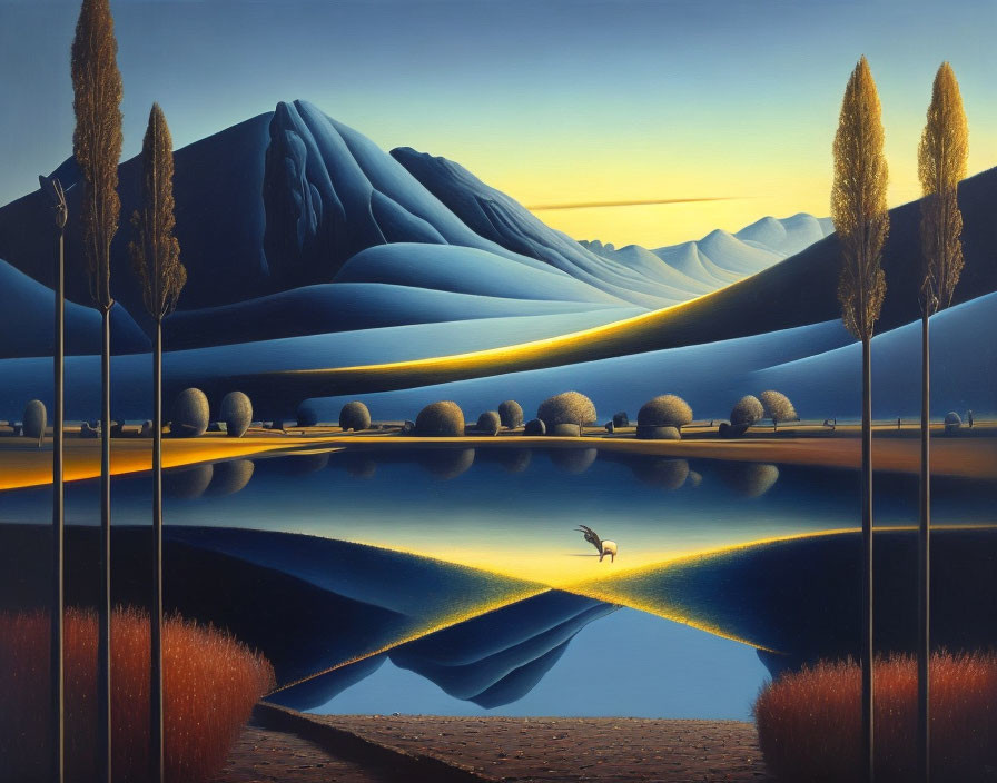 Surreal landscape painting with blue hills, golden edges, mirror lake, trees, and stag