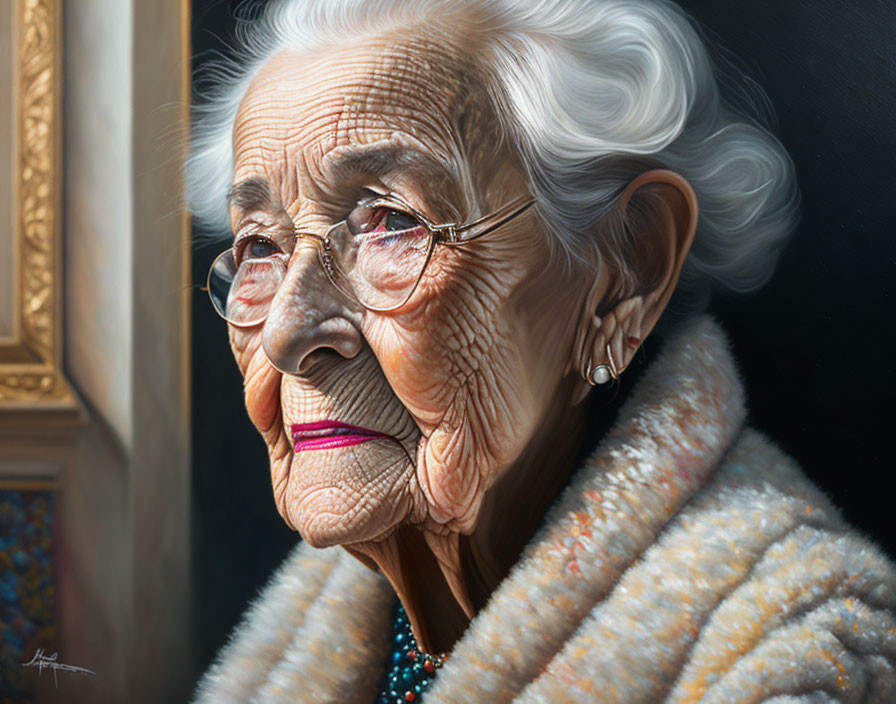 Elderly woman portrait with glasses, white hair, pearl necklace, and cardigan