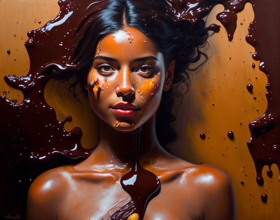 Woman portrait with flowing hair in chocolate syrup on brown background