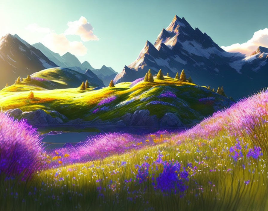 Sunlit meadow with purple wildflowers, serene lake, snow-capped mountains