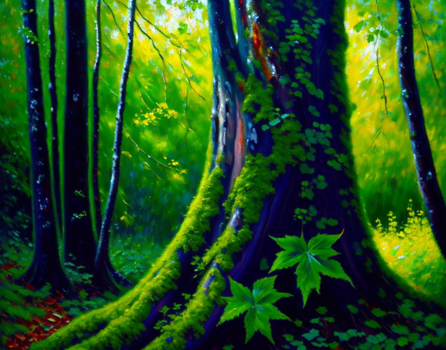 Lush Forest Scene with Sunlight and Moss-Covered Trunks