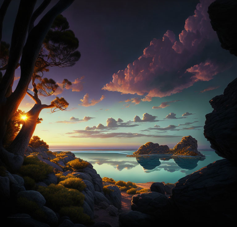 Tranquil sundown seascape with sun, trees, clouds, water, and rocks.