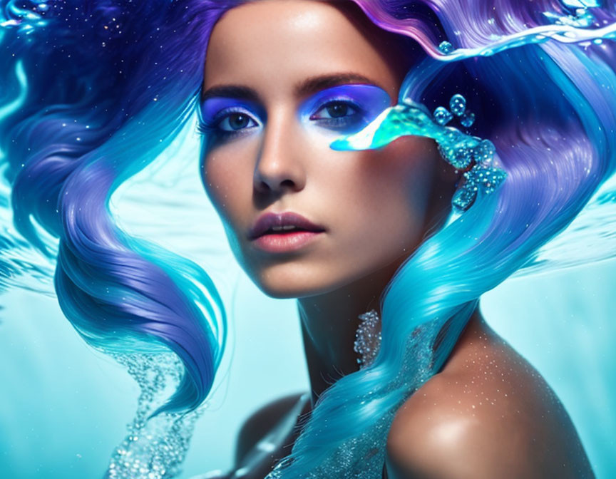 Vibrant woman with water-themed hair on turquoise backdrop