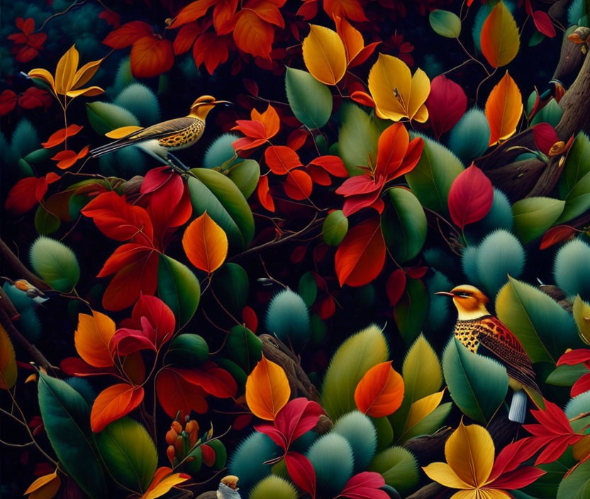 Colorful Leaves and Birds in Intricate Patterns