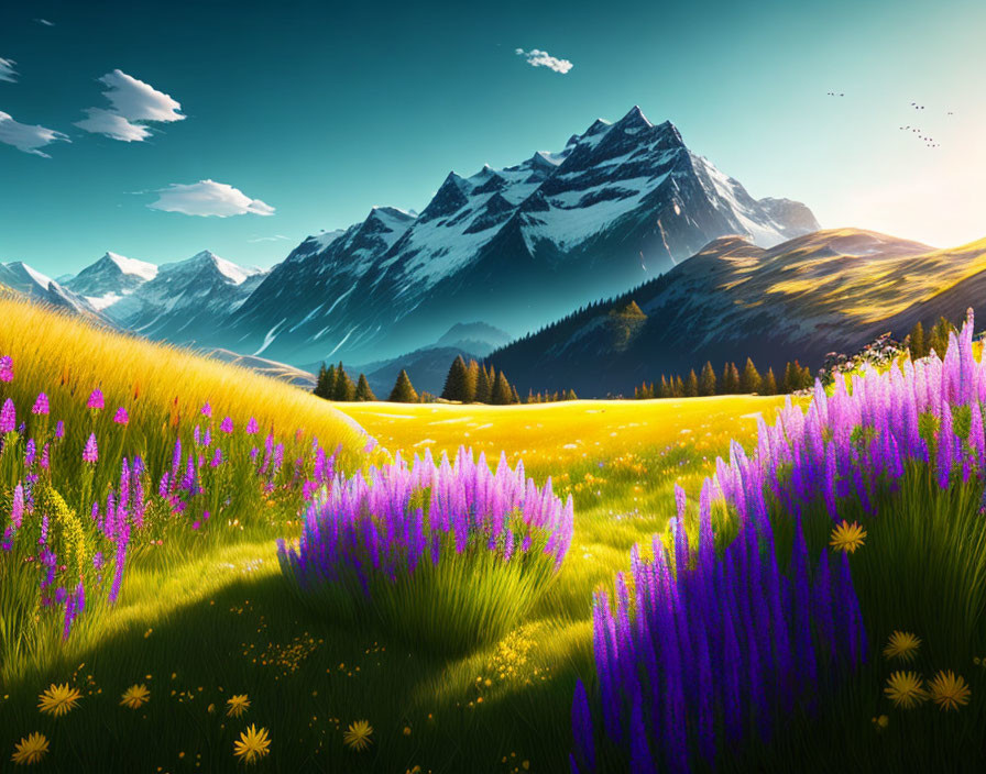 Scenic landscape with purple flowers, green meadow, and snow-capped mountains