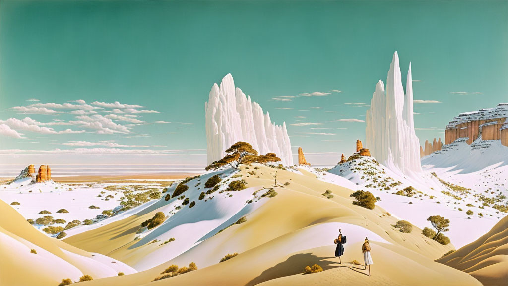 Surreal desert landscape with white spires, golden dunes, green trees, and people walking