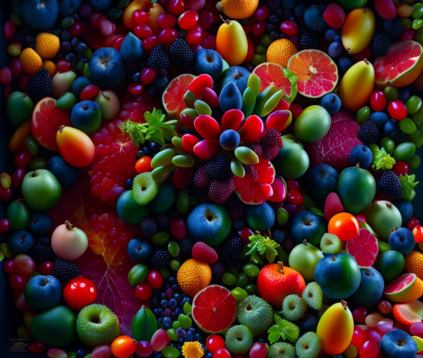 Assorted vibrant fruits: berries, citrus, and grapes in colorful mosaic