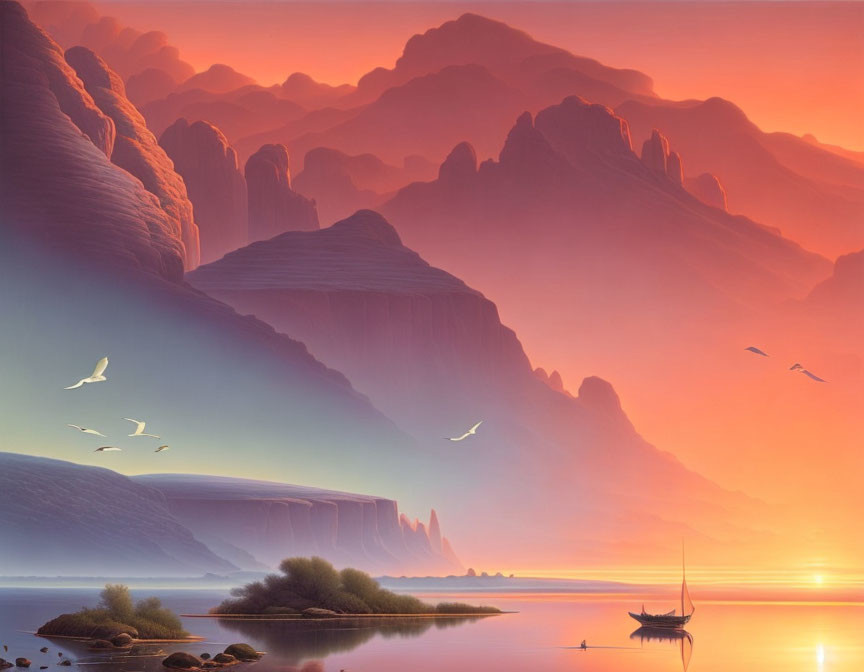 Tranquil dusk landscape with sailboat, birds, and cliffs