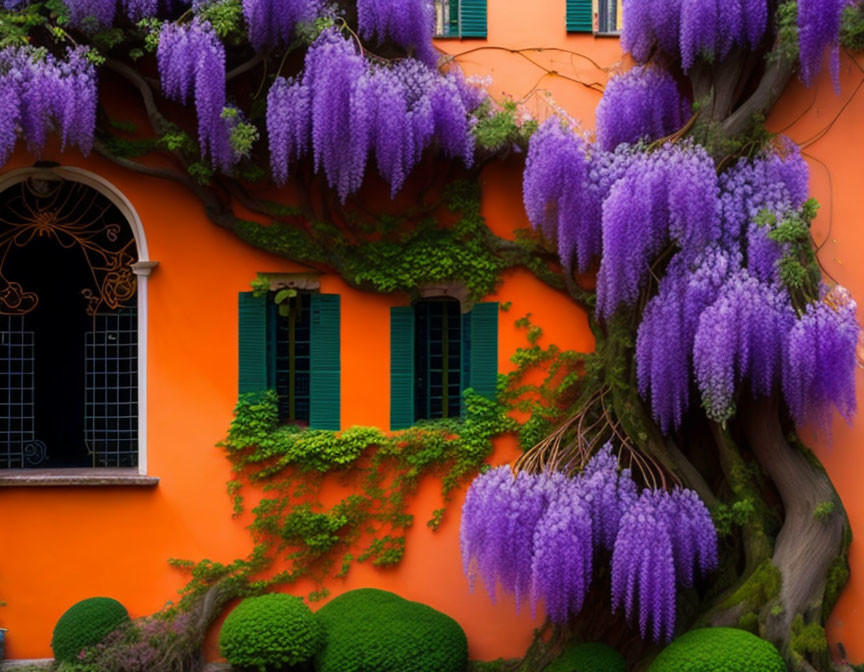 Orange Building with Purple Wisteria Vines and Green Shutters