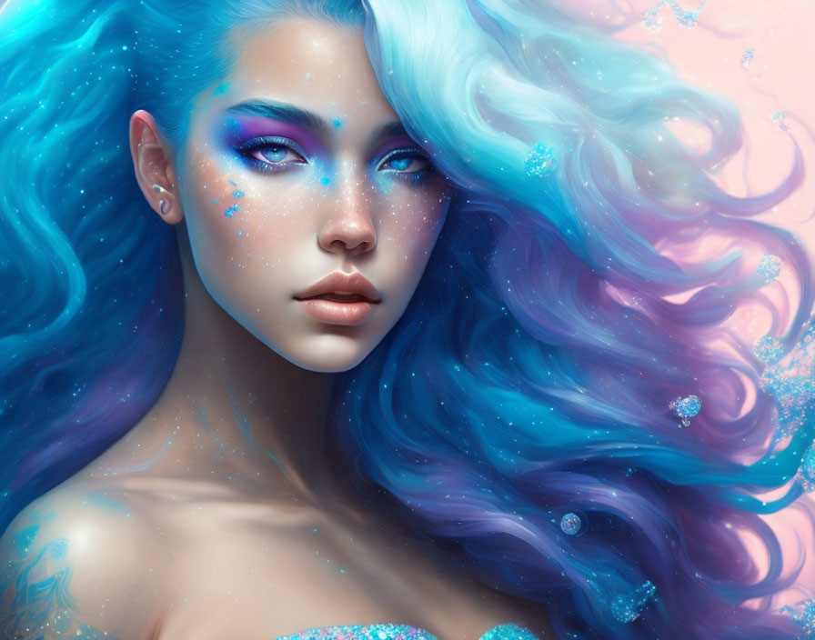 Fantasy portrait: Woman with flowing blue hair and vibrant makeup