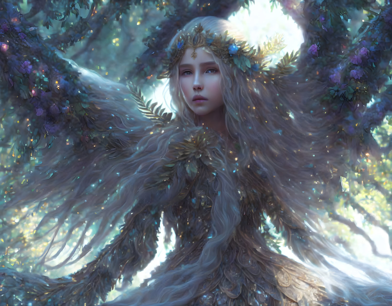 Mystical female figure with feathery wings in enchanted forest